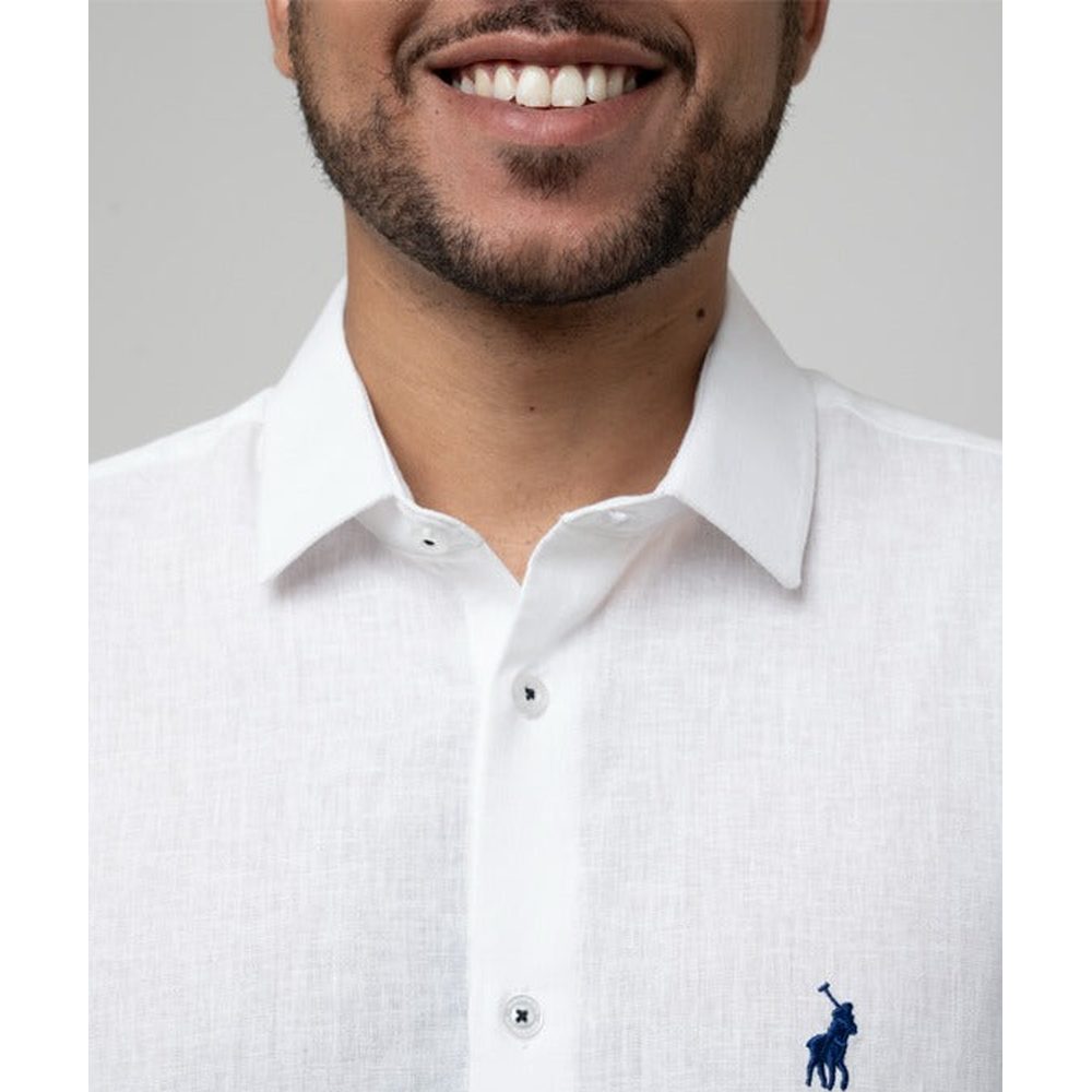 Polo Mens Long Sleeve Plain Linen Shirt In White