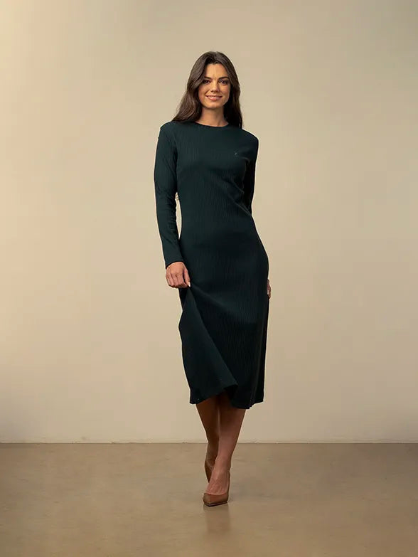 Polo Womens Lara Long Sleeve Fit & Flare Rib Dress Dark Green