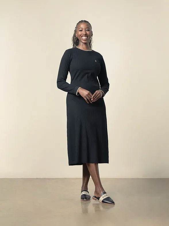 Polo Womens Zoe Long Sleeve Rib Fitted Dress Black