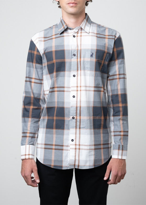 Polo Mens Easy Care Large Check Long Sleeve Shirt In Grey