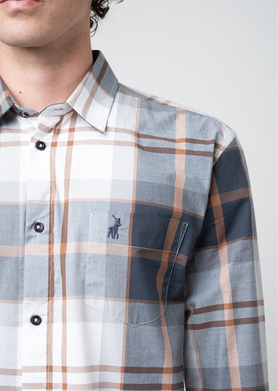 Polo Mens Easy Care Large Check Long Sleeve Shirt In Grey