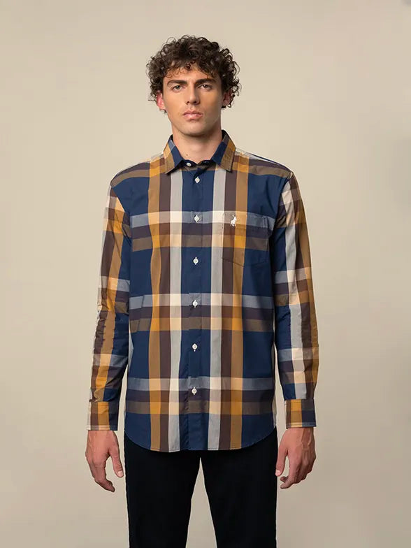 Polo Mens Easy Care Bold Check Ls Shirt Dark Blue