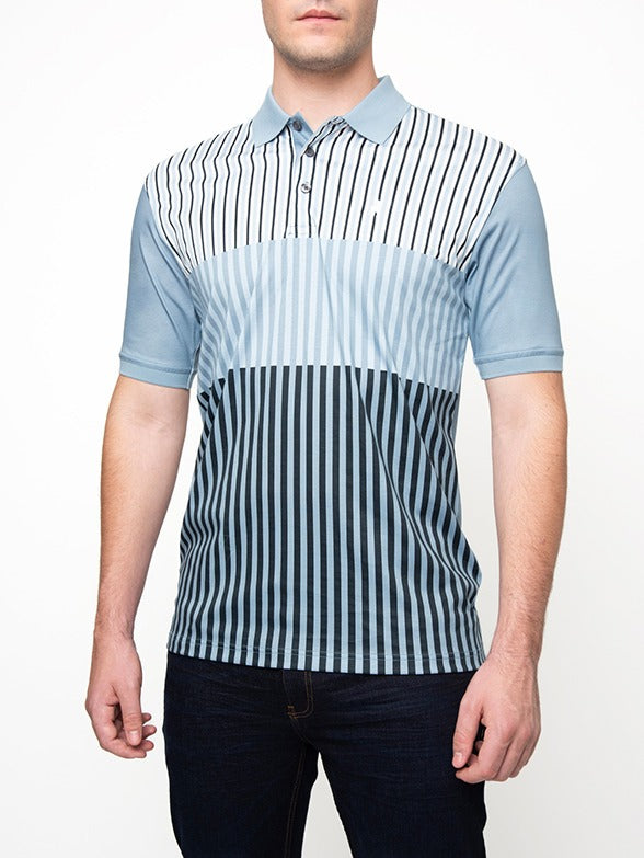 Polo Mens Dm Printed Stripe Golfer Short Sleeves Blue