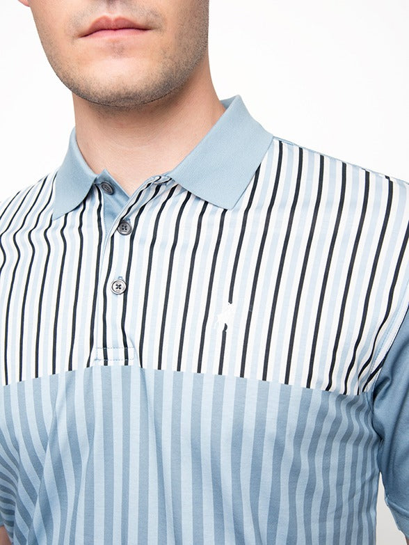 Polo Mens Dm Printed Stripe Golfer Short Sleeves Blue