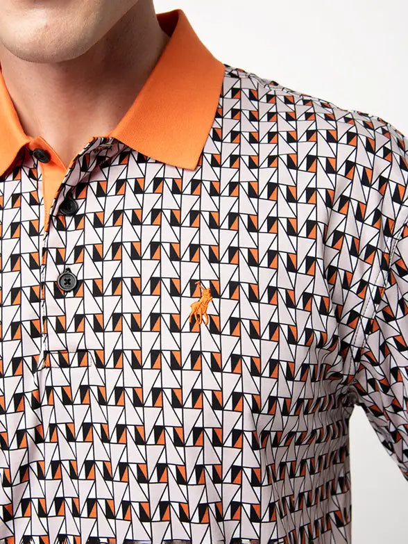 Polo Mens Geo Printed Golfer In Orange & Beige