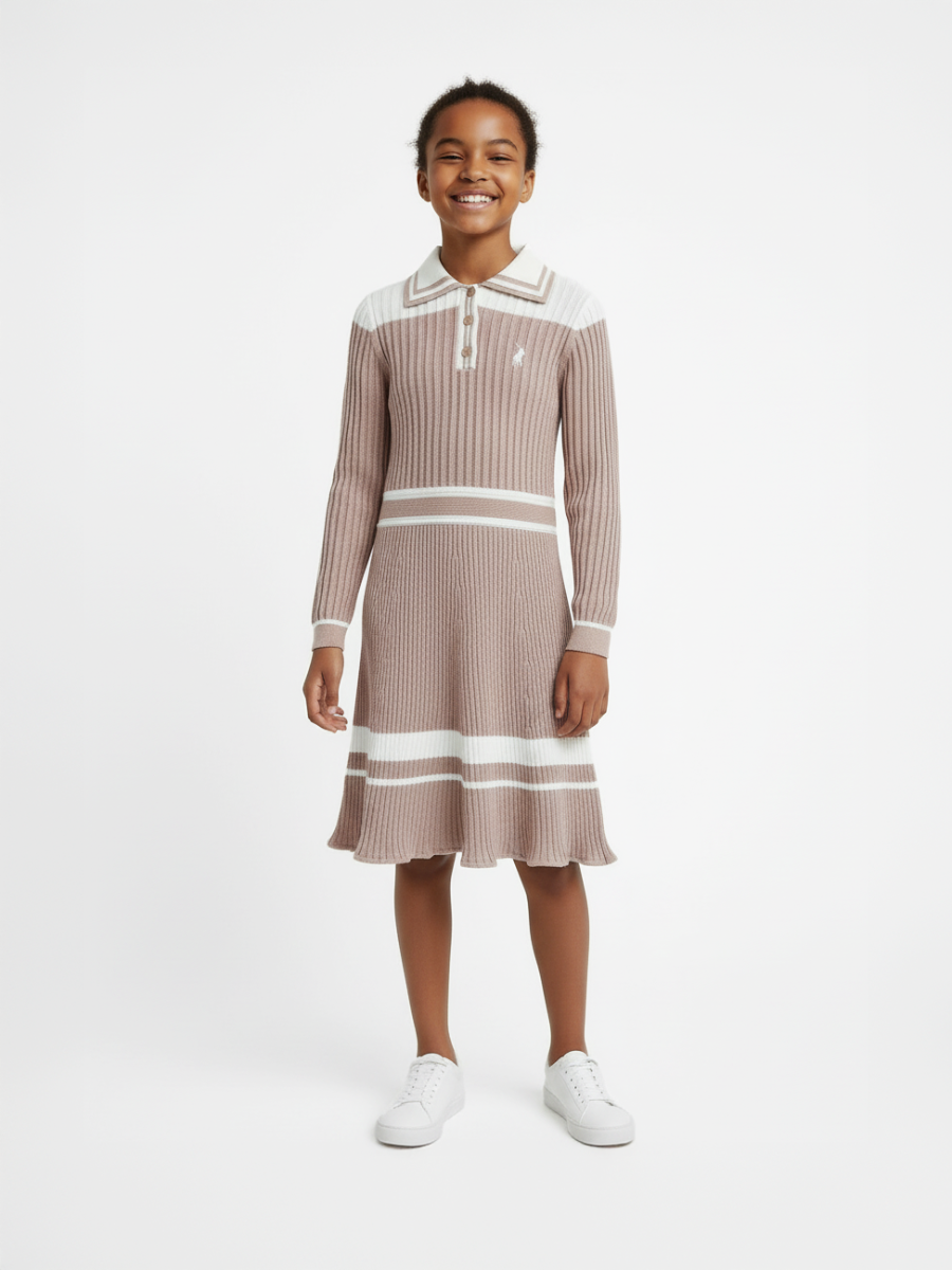 Polo Girls Ava Knitted Colour Blocked Dress Rose Taupe