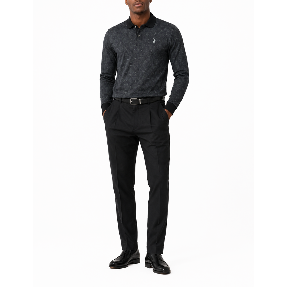 Polo Mens Argyle Jacquard Long Sleeves Mercerised Golfer In Black Multi
