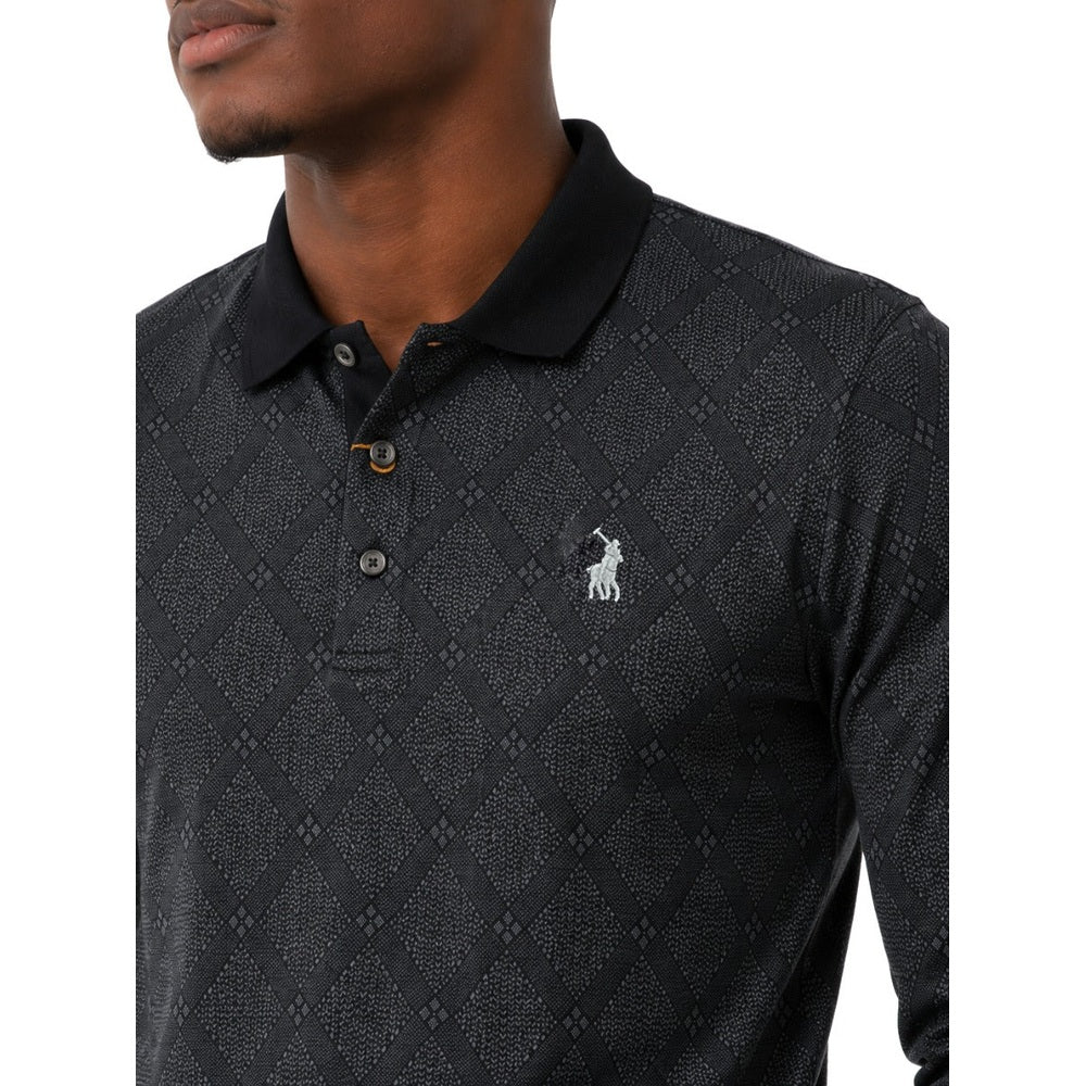Polo Mens Argyle Jacquard Long Sleeves Mercerised Golfer In Black Multi
