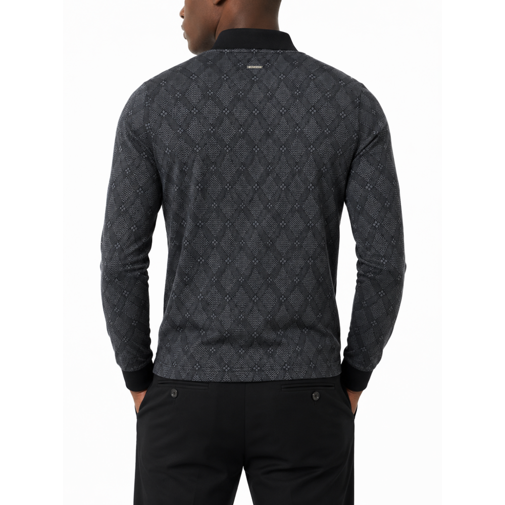 Polo Mens Argyle Jacquard Long Sleeves Mercerised Golfer In Black Multi