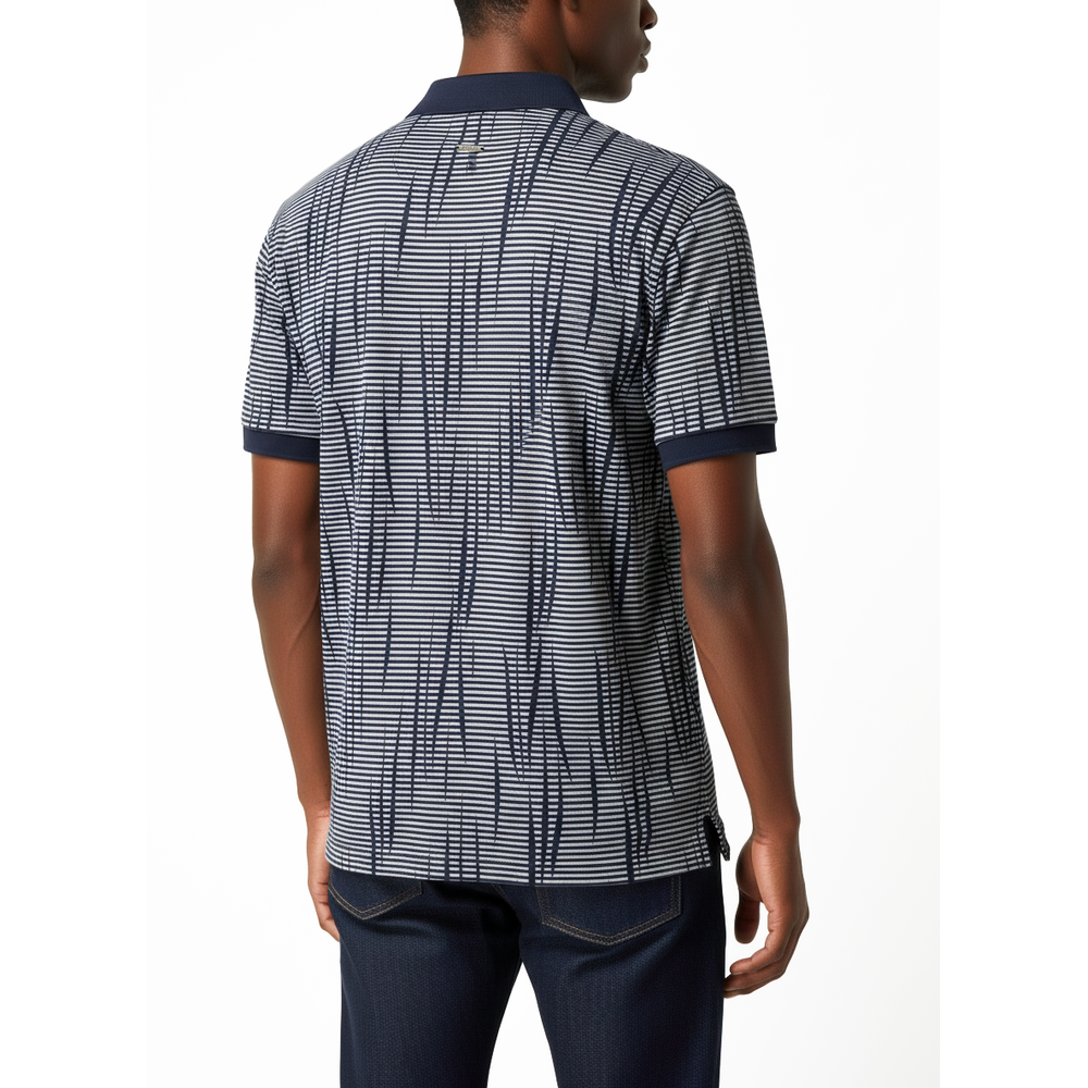 Polo Mens Stripe Double Mercerised Short Sleeves Golfer In Navy/Grey