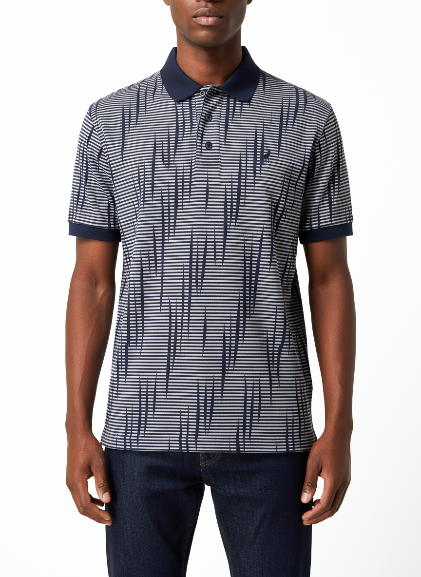Polo Mens Stripe Double Mercerised Golfer In Navy