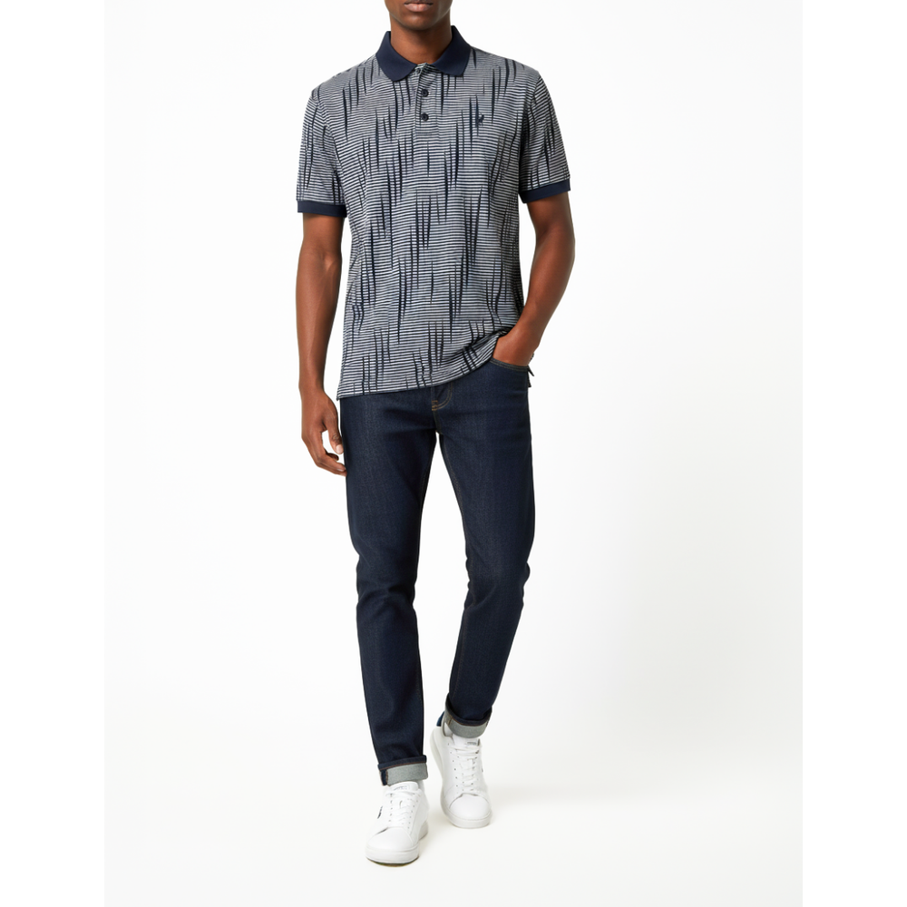 Polo Mens Stripe Double Mercerised Short Sleeves Golfer In Navy/Grey