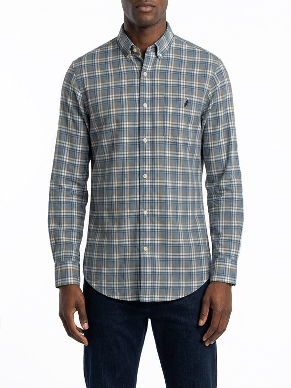 Polo Mens Small Check Long Sleeves Shirt Blue