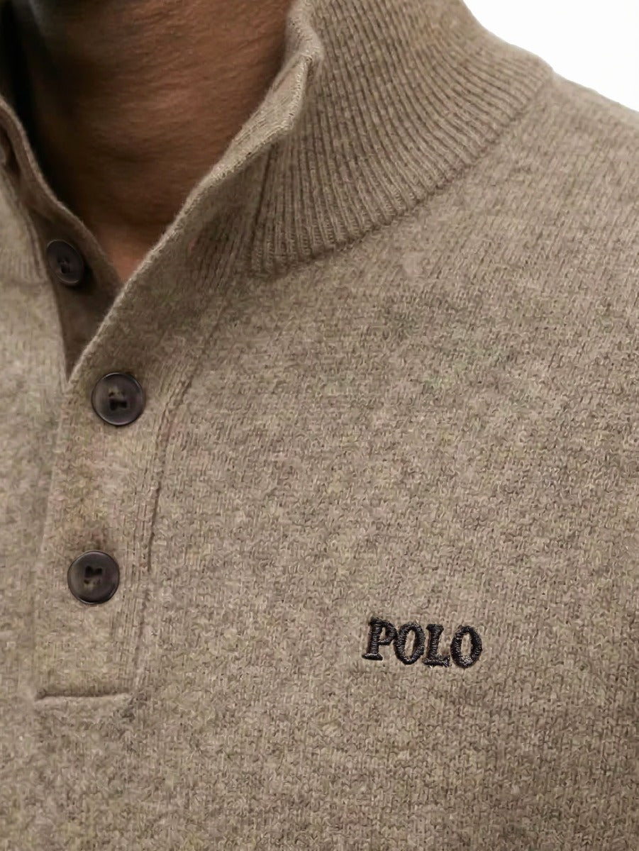 Polo Mens 3 Button Funnel Neck Knitwear In Taupe