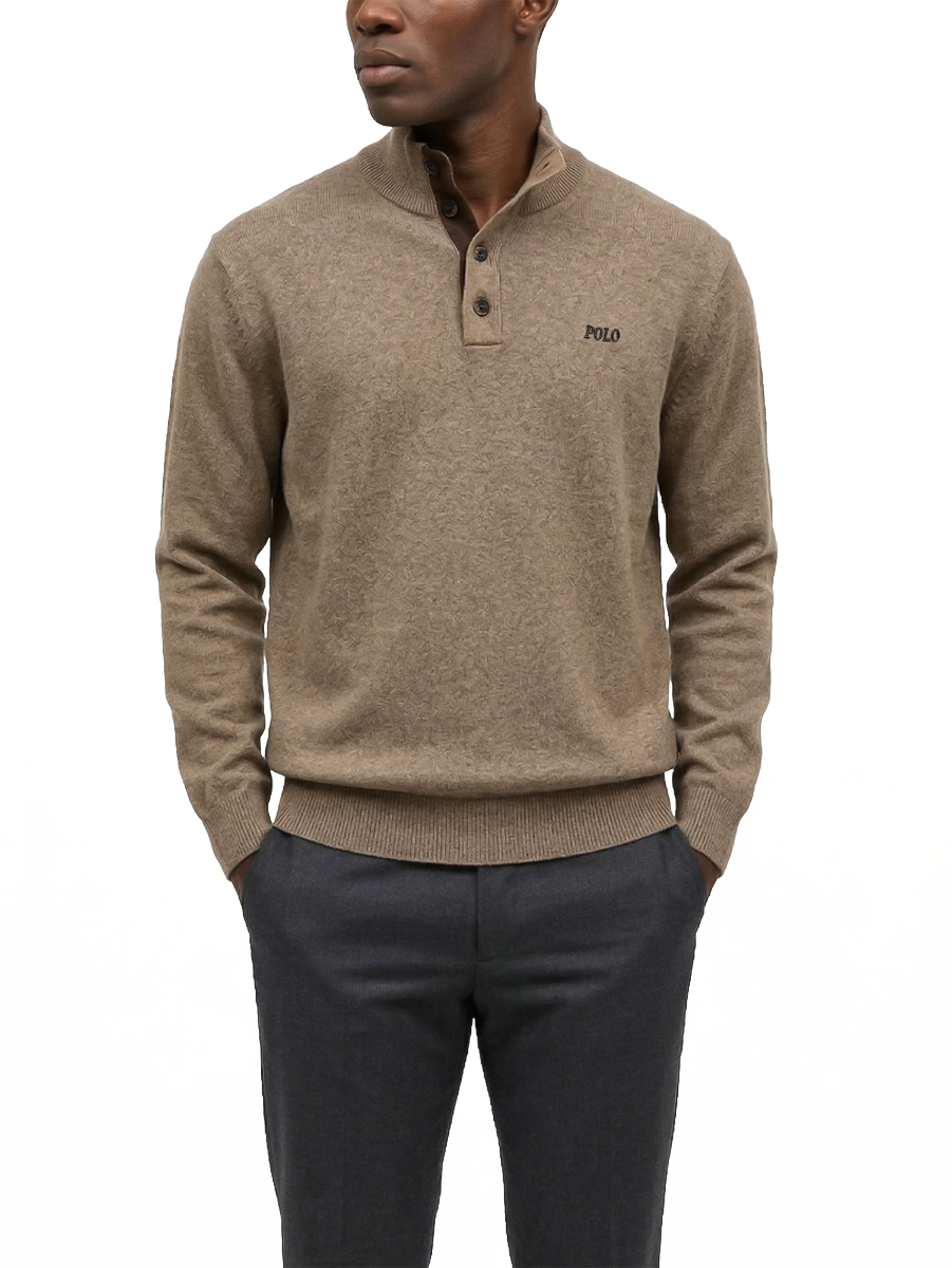 Polo Mens 3 Button Funnel Neck Knitwear In Taupe