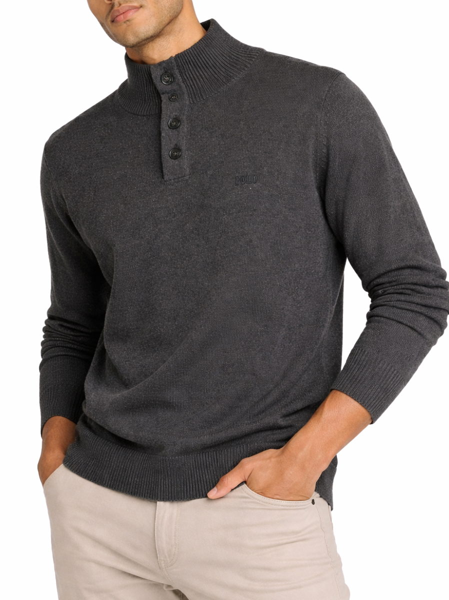 Polo Mens 3 Button Funnel Neck Knitwear Jersey In Charcoal