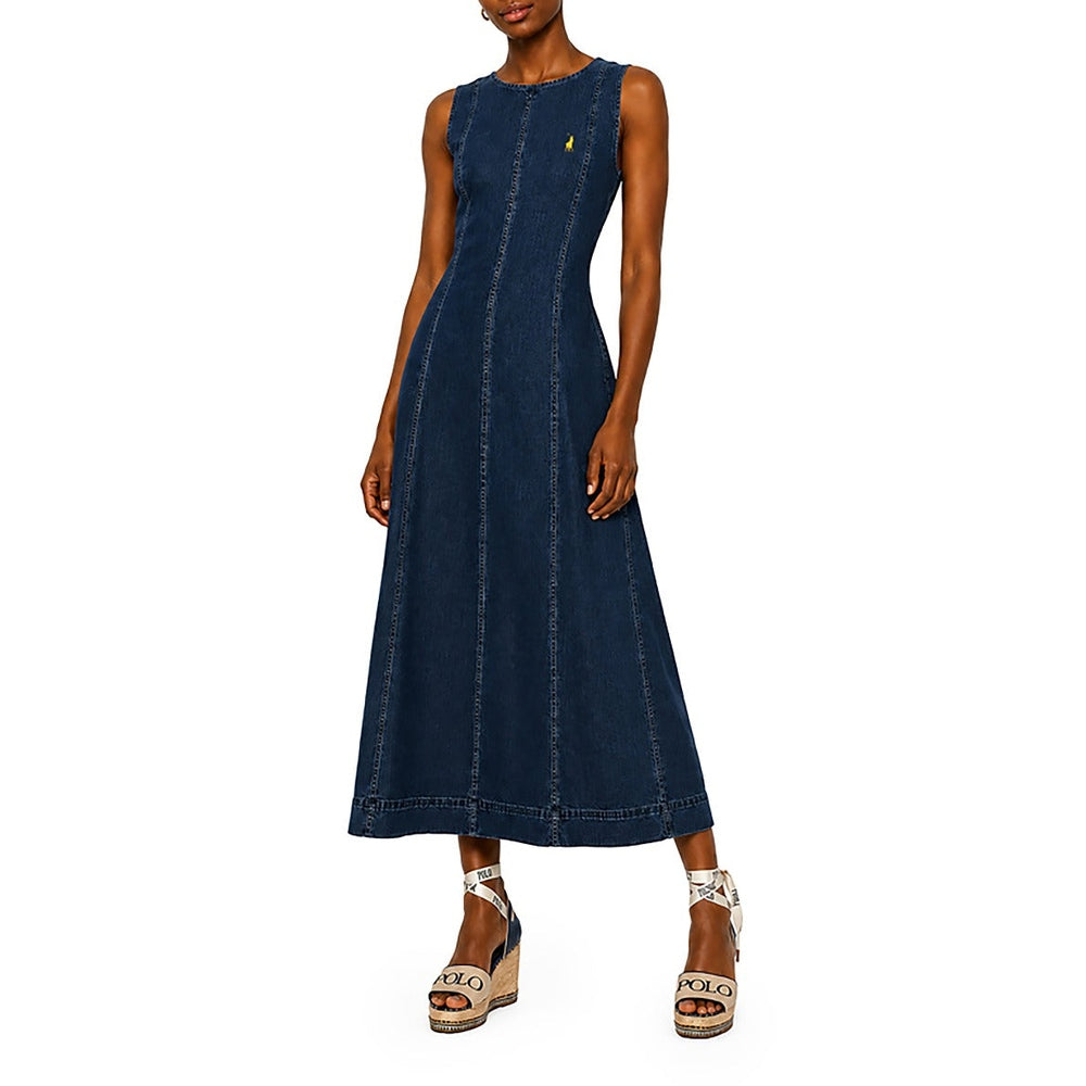 Polo Womens Terry Sleeveless Denim Panel Dress In Dark Wash