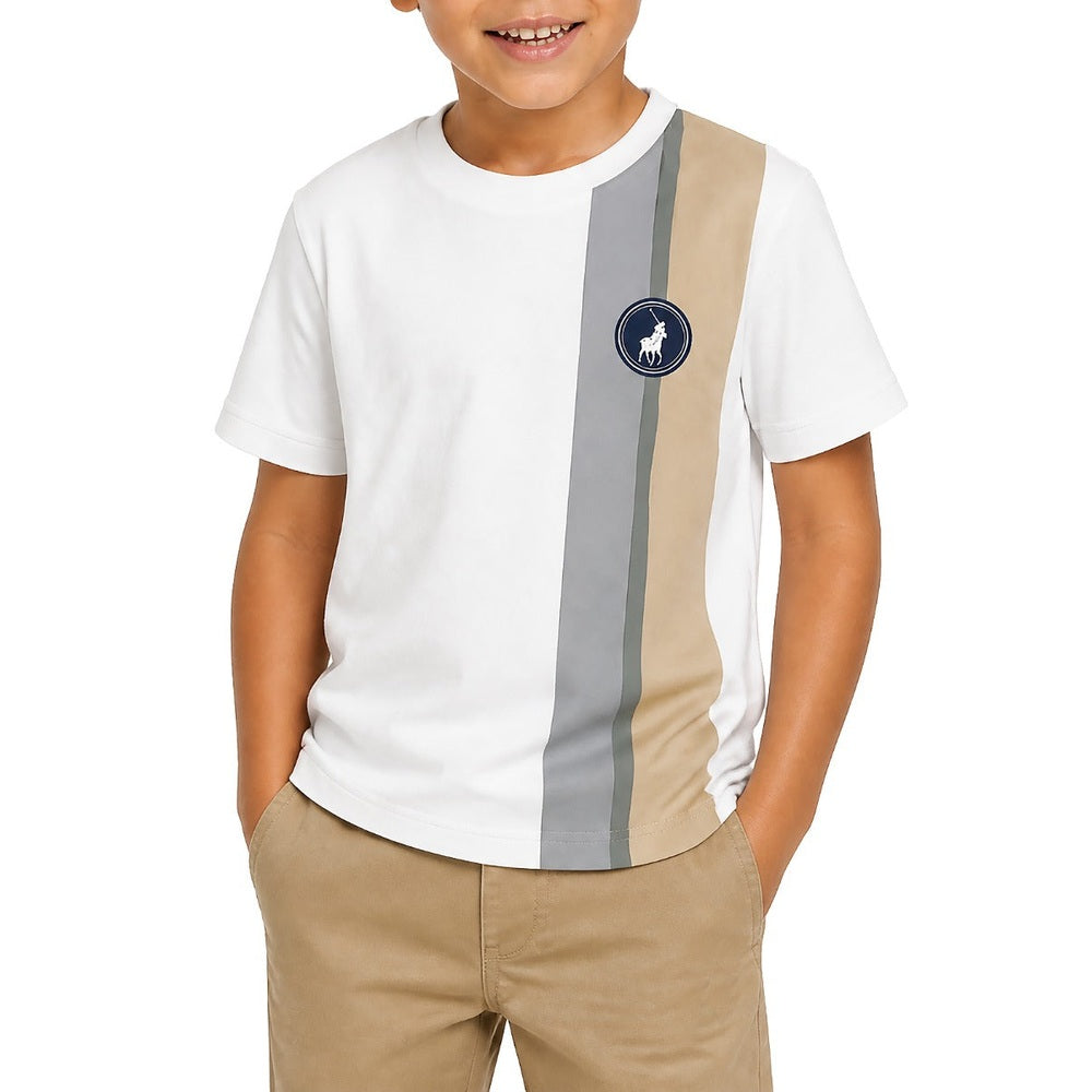 Polo Boys Mandla Printed Side Stripe Short Sleeves T-Shirt In White Multi