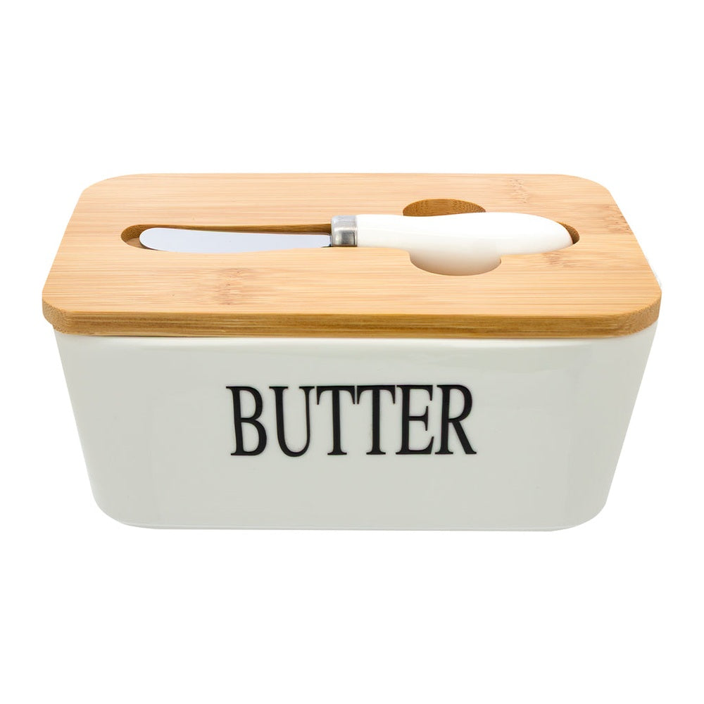 Regent Ceramic Butter Dish With Bamboo Lid In White