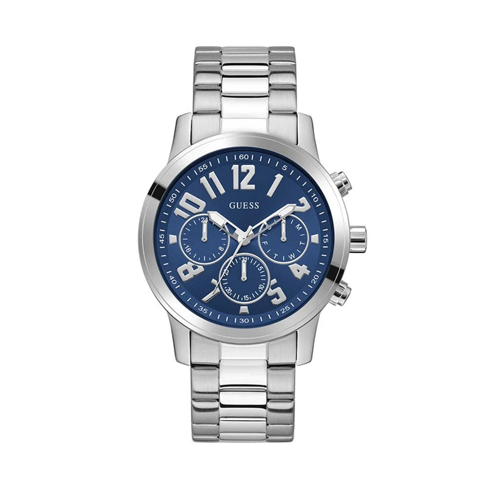 Guess Mens Analog Parker Stainless Steel Watch In Silver/Blue Dial