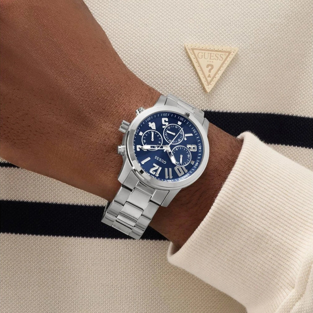 Guess Mens Analog Parker Stainless Steel Watch In Silver/Blue Dial
