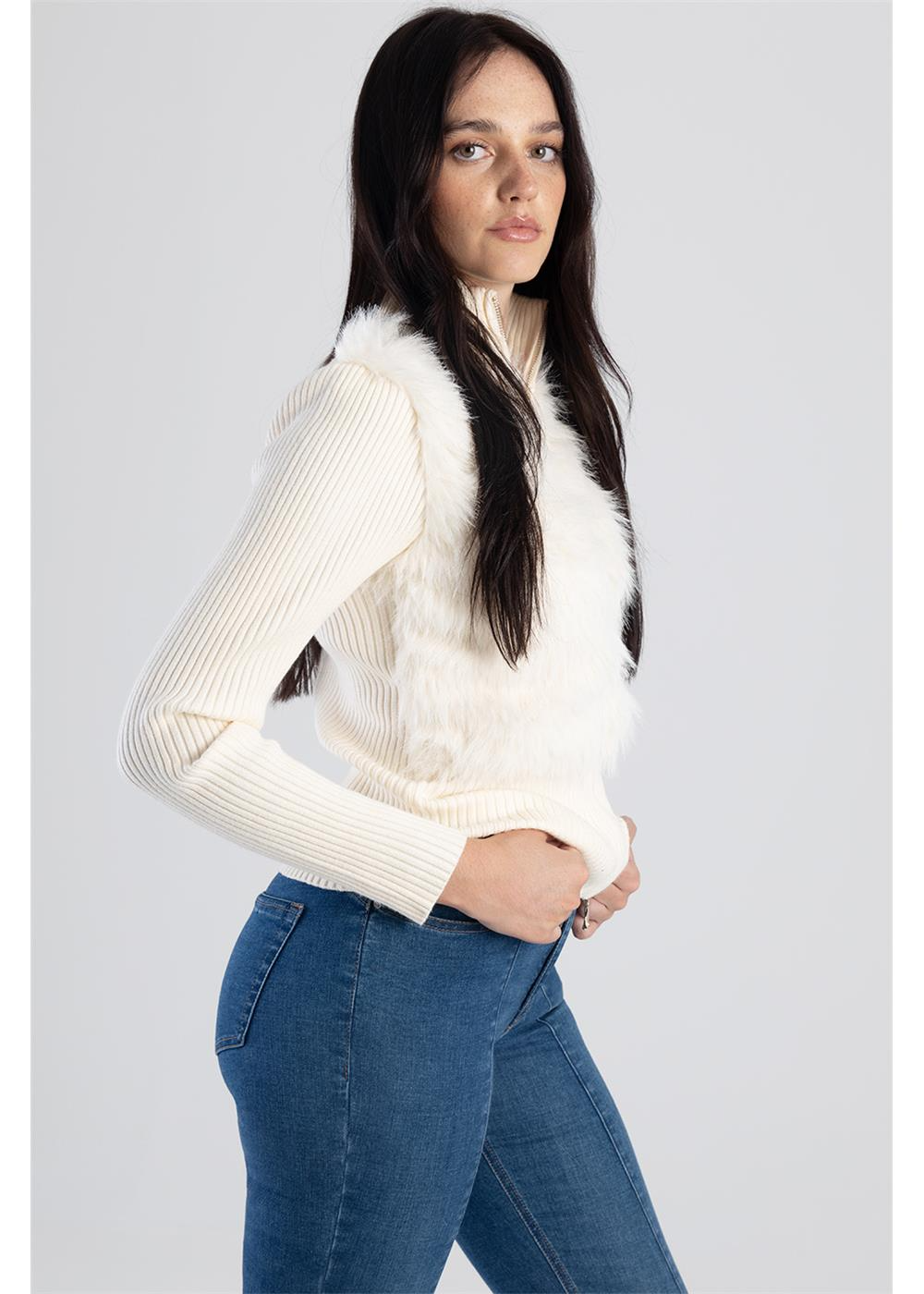 Sissyboy T30326 Faux Fur Zip Ribbed Knit Top  Cream