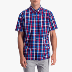 Jeep Mens Short Sleeved Yarn Dyed Shirt In Red And Blue