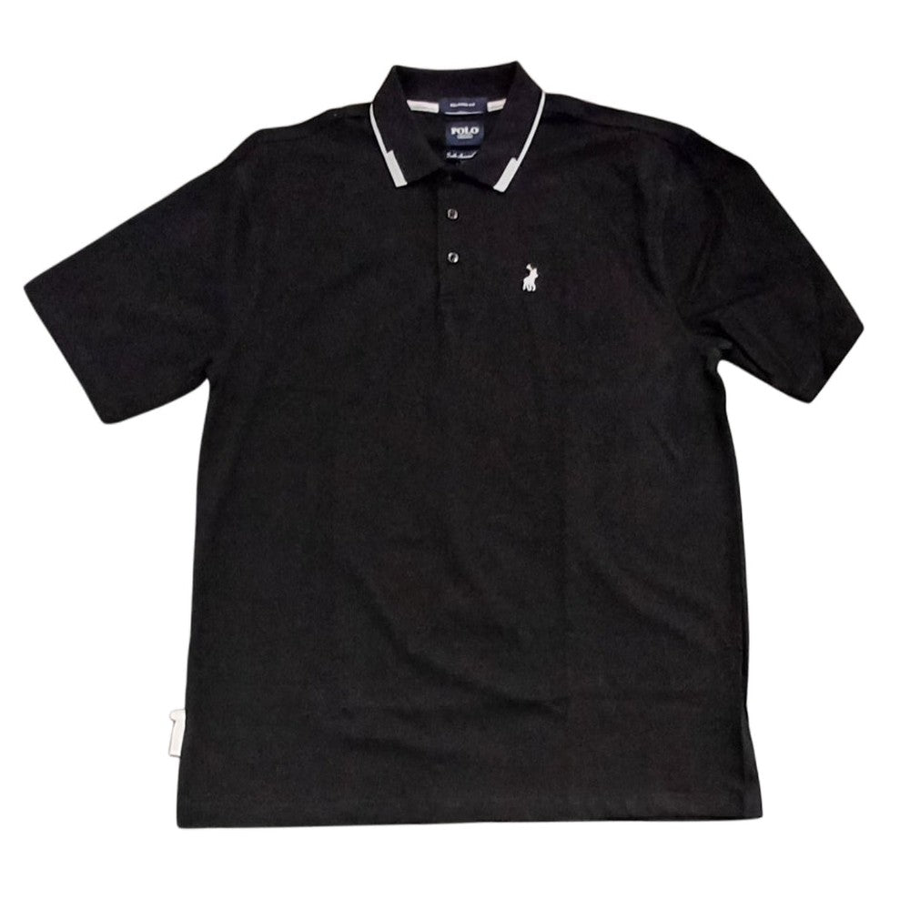 Polo Mens Plain Double Mercerised Tipped Button Short Sleeves Golfer In Black