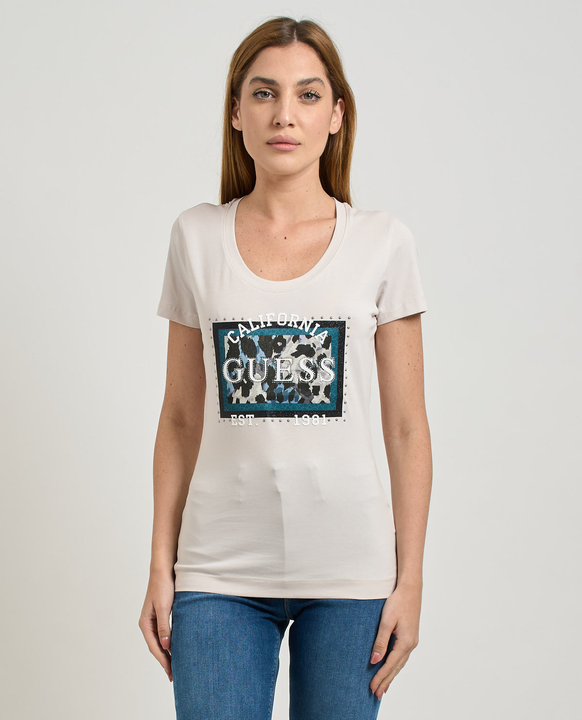 Guess Womens Animal Boxy Print t-Shirts In Stone