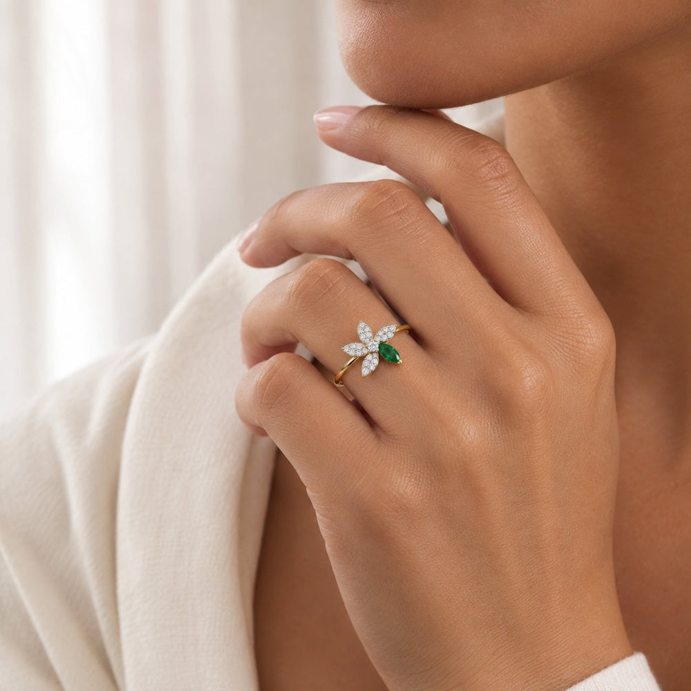 Posy Emerald & Diamond Flower  Ring