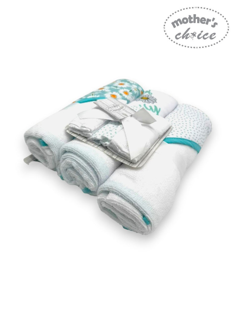 Mother's Choice 3Pc Hooded Towels And 3Pc Facecloths Pretty On A Daily Sunflower iIn White/Turquoise