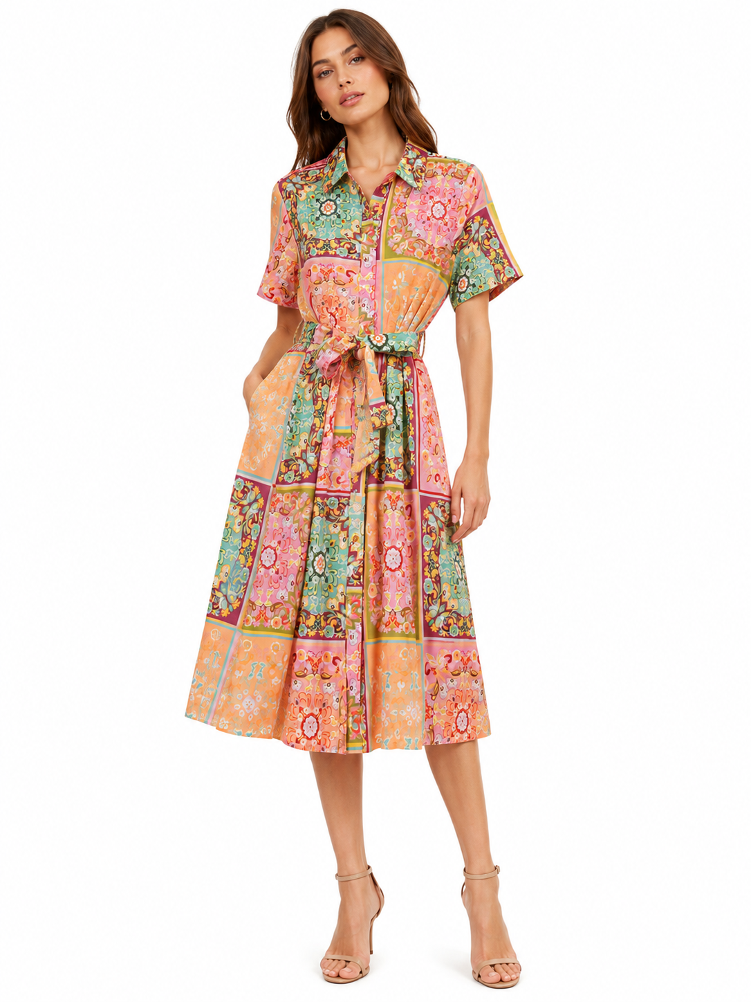 Stella Morgan Short Sleeve Button Through A-Line Maxi Dress In Multi