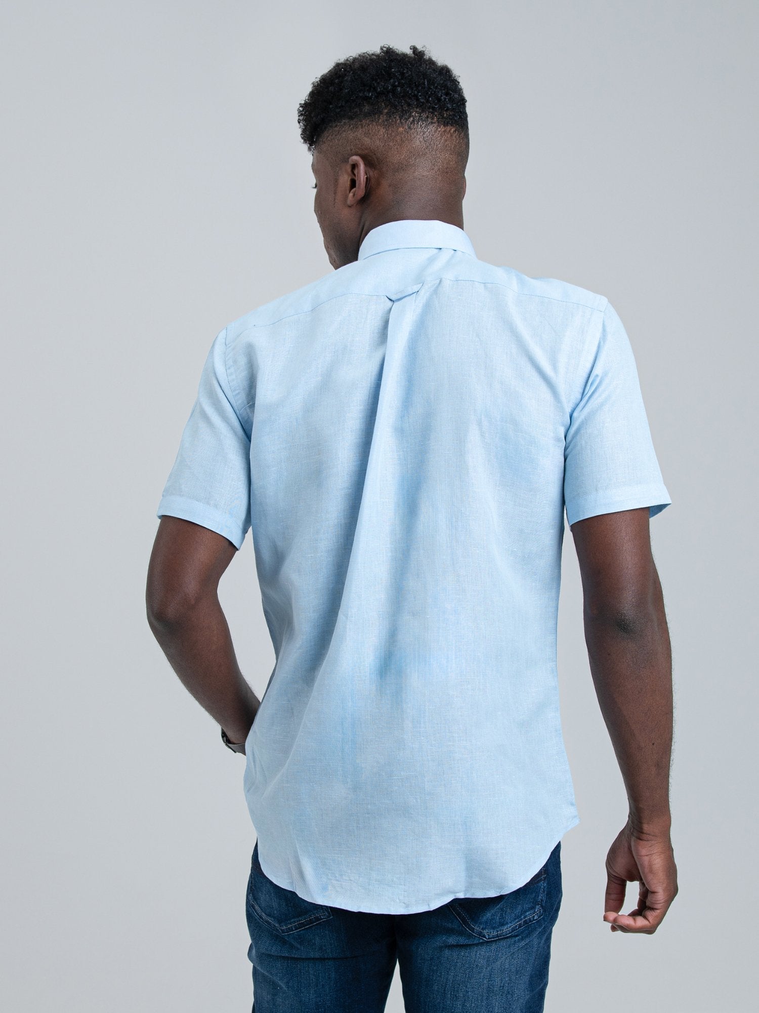 Ben Sherman Mens Short Sleeve Light Blue Linen Shirt