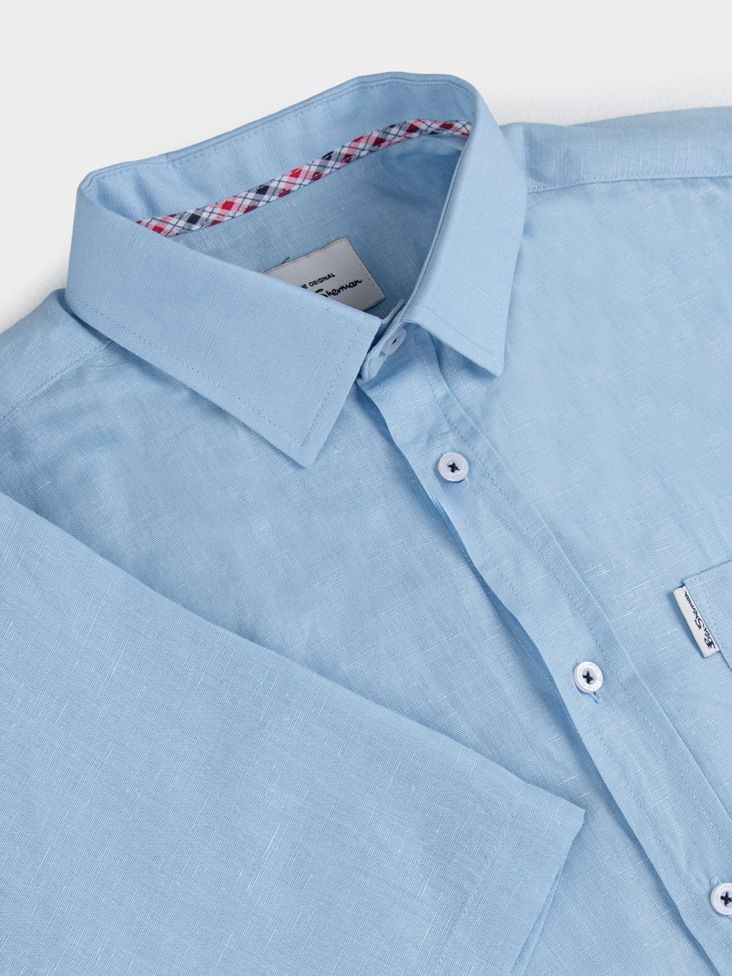 Ben Sherman Mens Short Sleeve Light Blue Linen Shirt