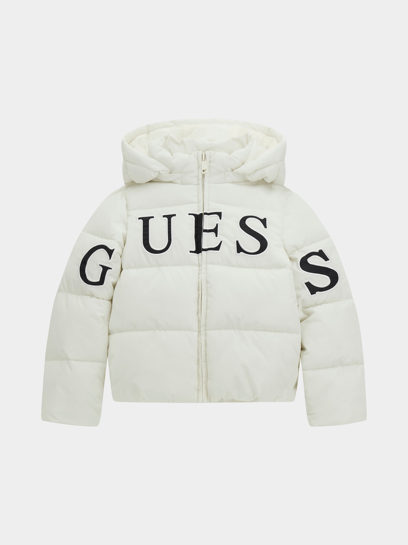 Guess Girls Hooded Long Sleeved Puffer Jacket In Cream