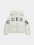 Guess Girls Hooded Long Sleeved Puffer Jacket In Cream