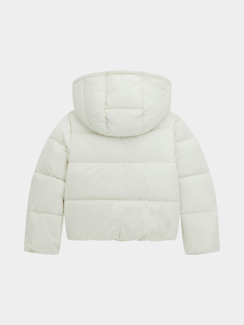 Guess Girls Hooded Long Sleeved Puffer Jacket In Cream