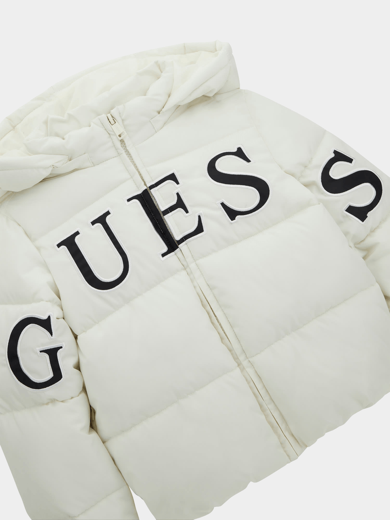 Guess Girls Hooded Long Sleeved Puffer Jacket In Cream