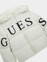 Guess Girls Hooded Long Sleeved Puffer Jacket In Cream
