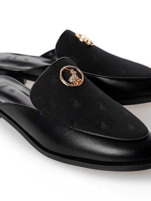 Polo Ladies Jacquard Circle Trim Black Mule Shoe