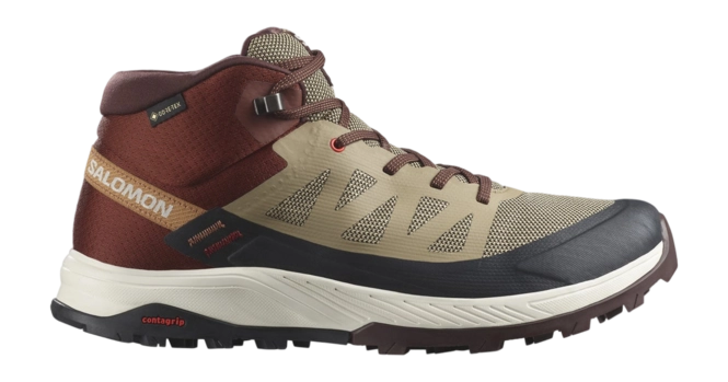 Salomon Mens Outrise Mid Gtx Shoes In Safari/Burnt Henna/Fiery Red