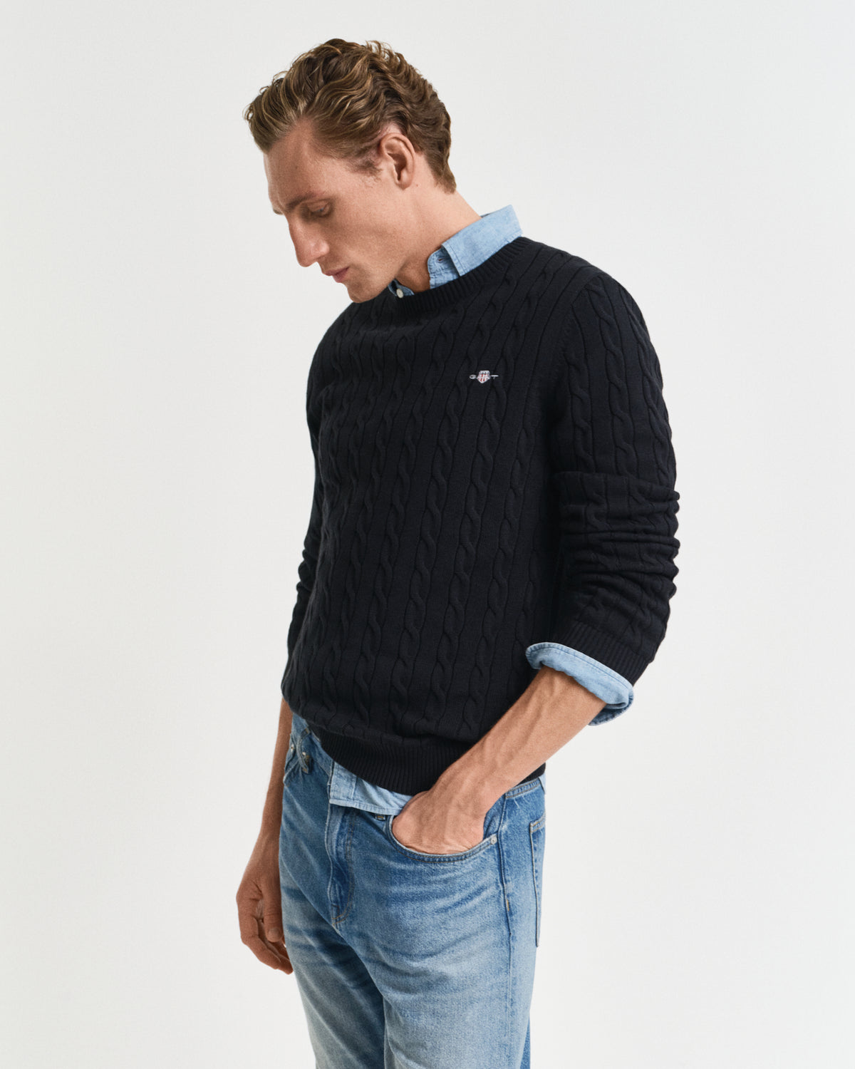 Gant Mens Cotton Cable Crew Neck Sweater In Navy