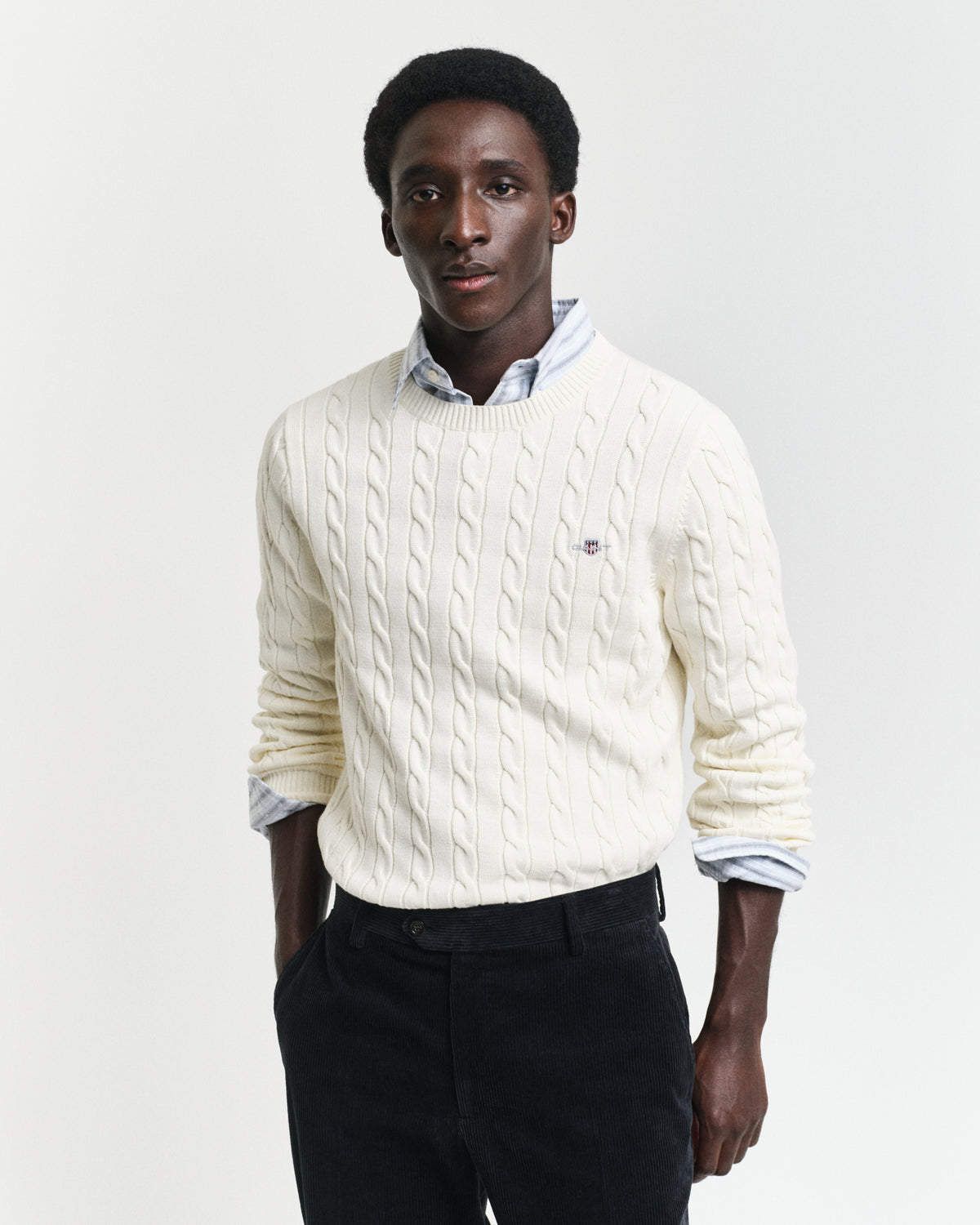 Gant Mens Cotton Cable Crew Sweater Top In Cream