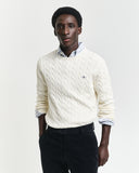 Gant Mens Cotton Cable Crew Sweater Top In Cream