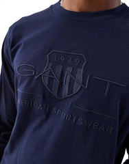 Gant Mens Embosed Toanl Shiled Logo Long Sleeve T-shirt In Navy