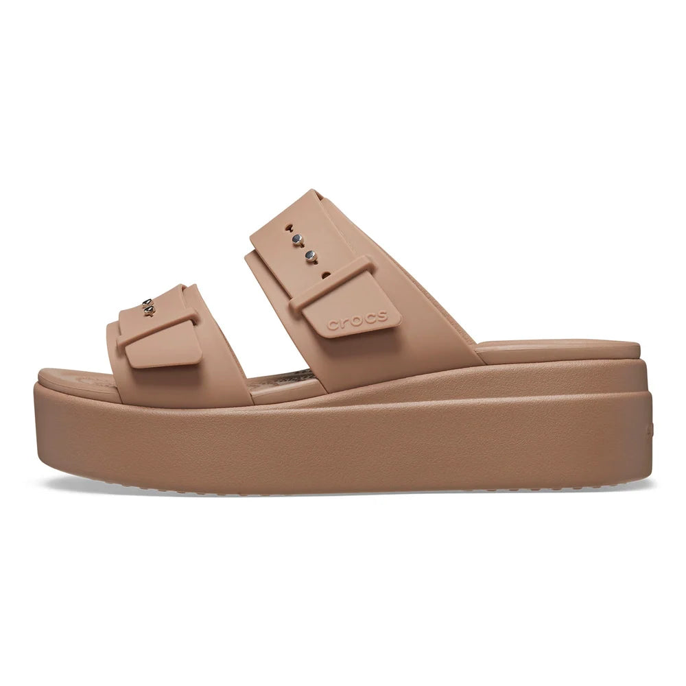 Crocs Womens Brooklyn Buckle Low Wedge Sandals In Latte