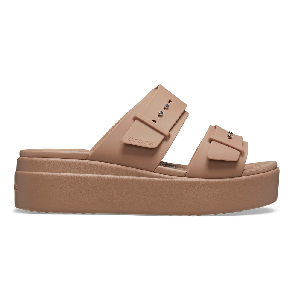Crocs Womens Brooklyn Buckle Low Wedge Sandals In Latte