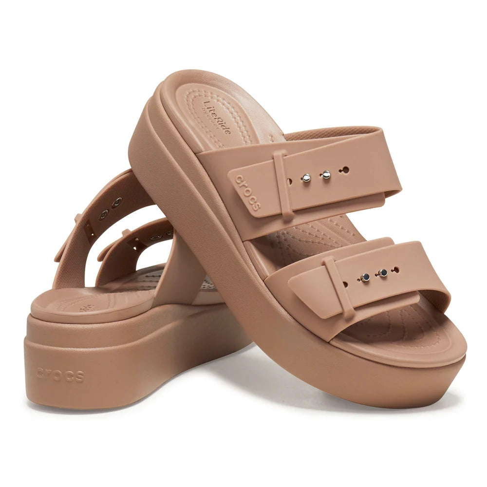 Crocs Womens Brooklyn Buckle Low Wedge Sandals In Latte