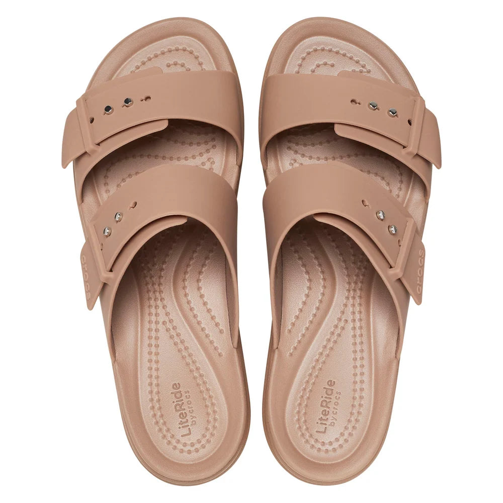 Crocs Womens Brooklyn Buckle Low Wedge Sandals In Latte