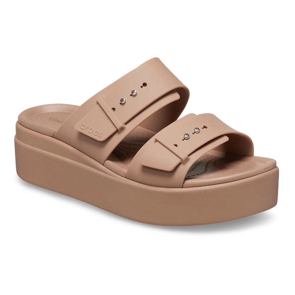 Crocs Womens Brooklyn Buckle Low Wedge Sandals In Latte